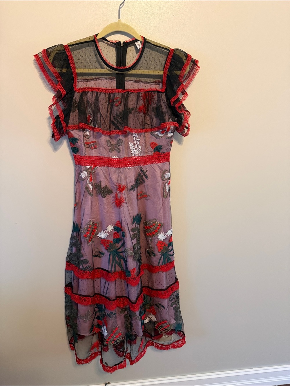 Sheer Black and Red Floral Embroidered Dress with Lace and Ruffle Details